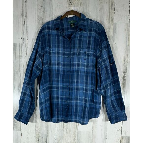 Lauren Ralph Lauren LRL Button Up Shirt Large Linen Blue Plaid Linen Roll Tab - Picture 2 of 10